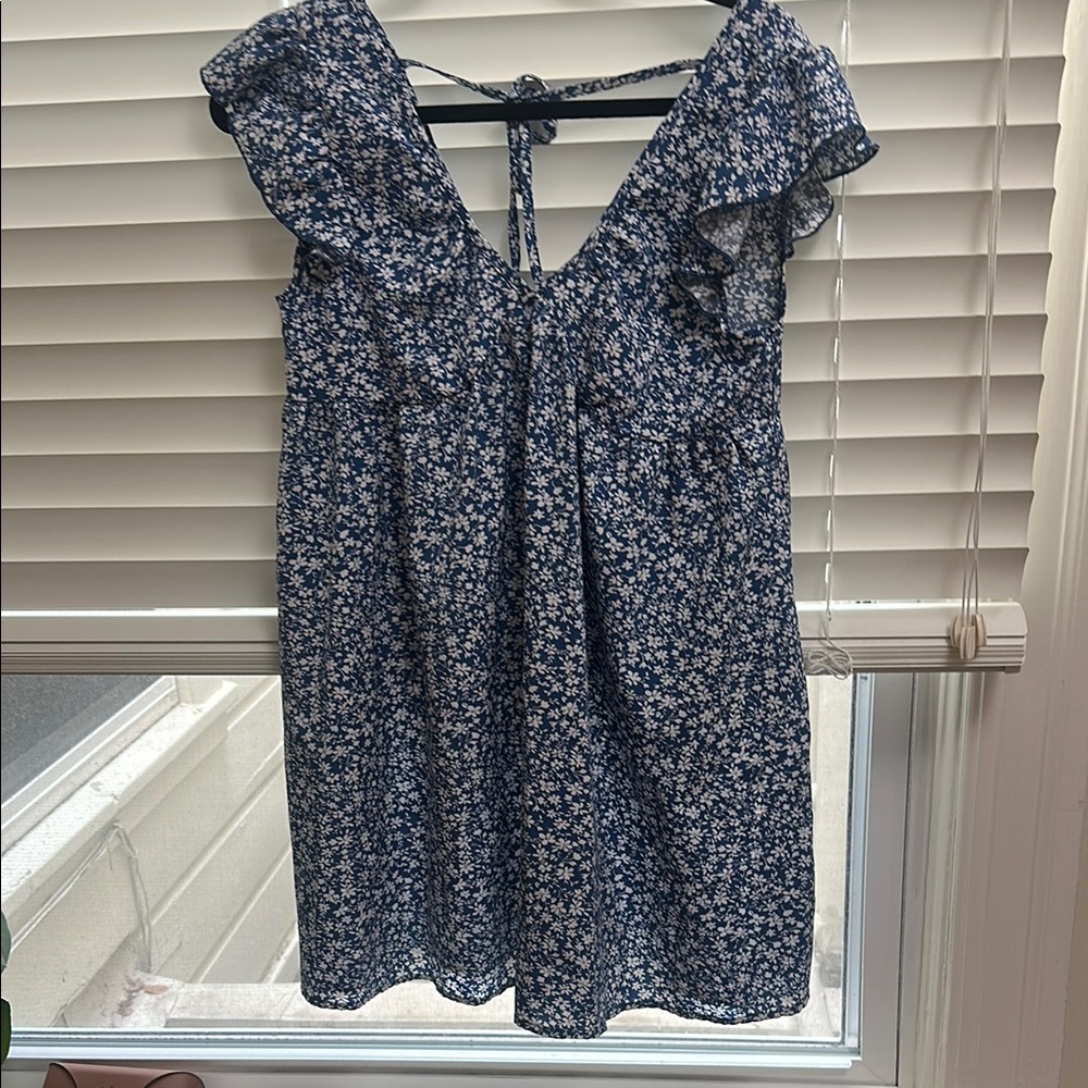Floral Blue Dress with Ruffle Sleeves